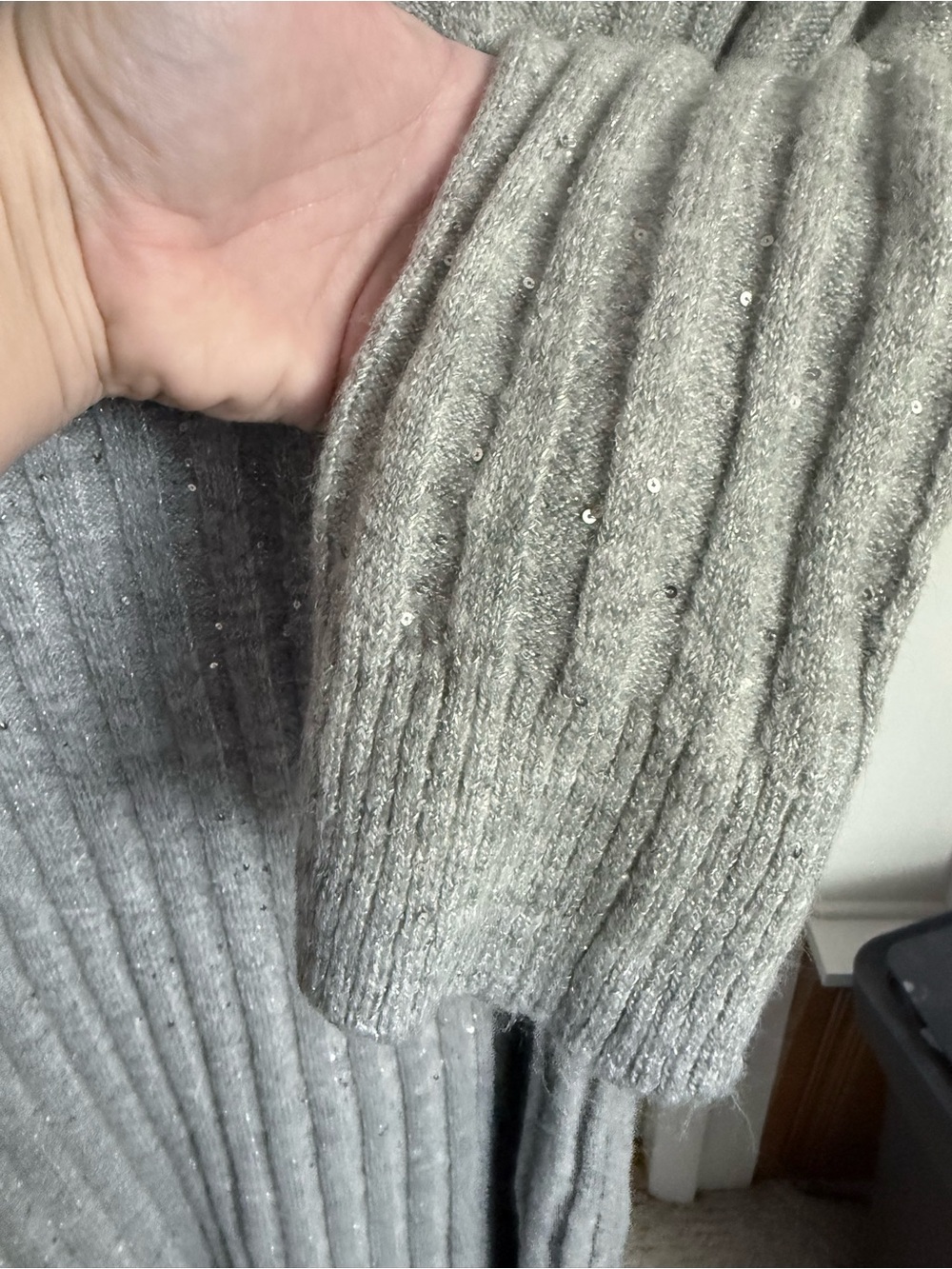 Ribbed Mock Neck Sweater Dress in Light Gray sequins cozy winter icy sparkle - Picture 8 of 12